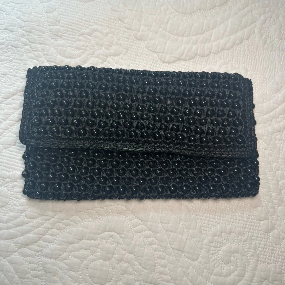 Made in Italy Ratan Beaded Black Clutch.
